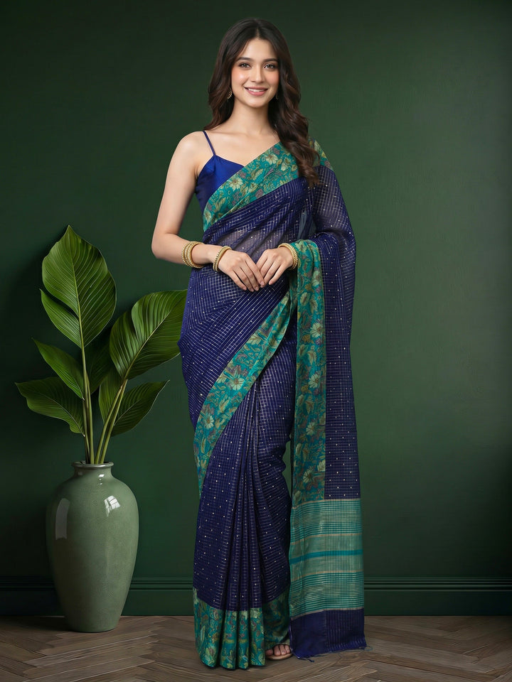 Navy Blue Digital Print Cotton Blend Saree