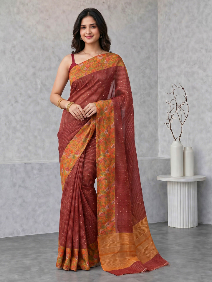 Pink Digital Print Cotton Blend Saree