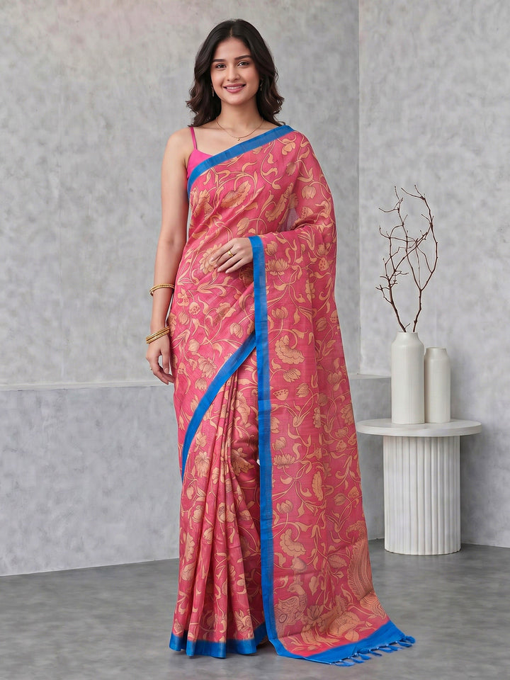 Pink Digital Print Cotton Blend Saree