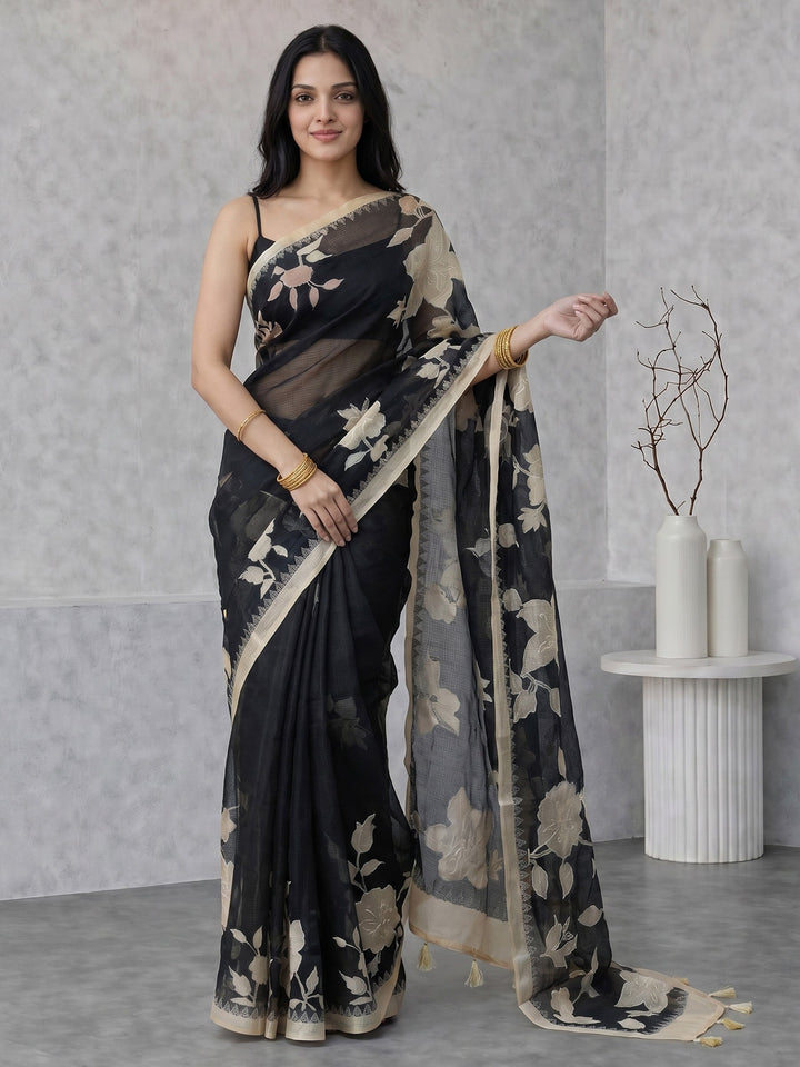 Black Digital Print Cotton Blend Saree