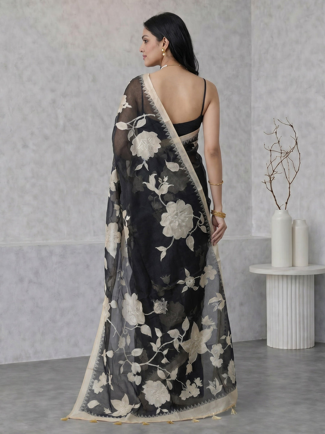 Black Digital Print Cotton Blend Saree