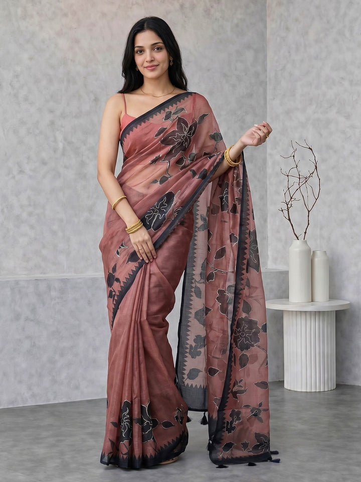 Rust Digital Print Cotton Blend Saree