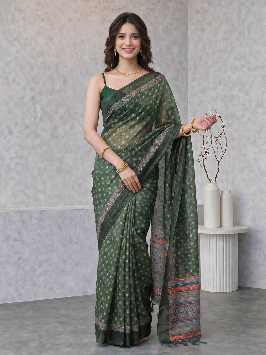Green Digital Print Cotton Blend Saree