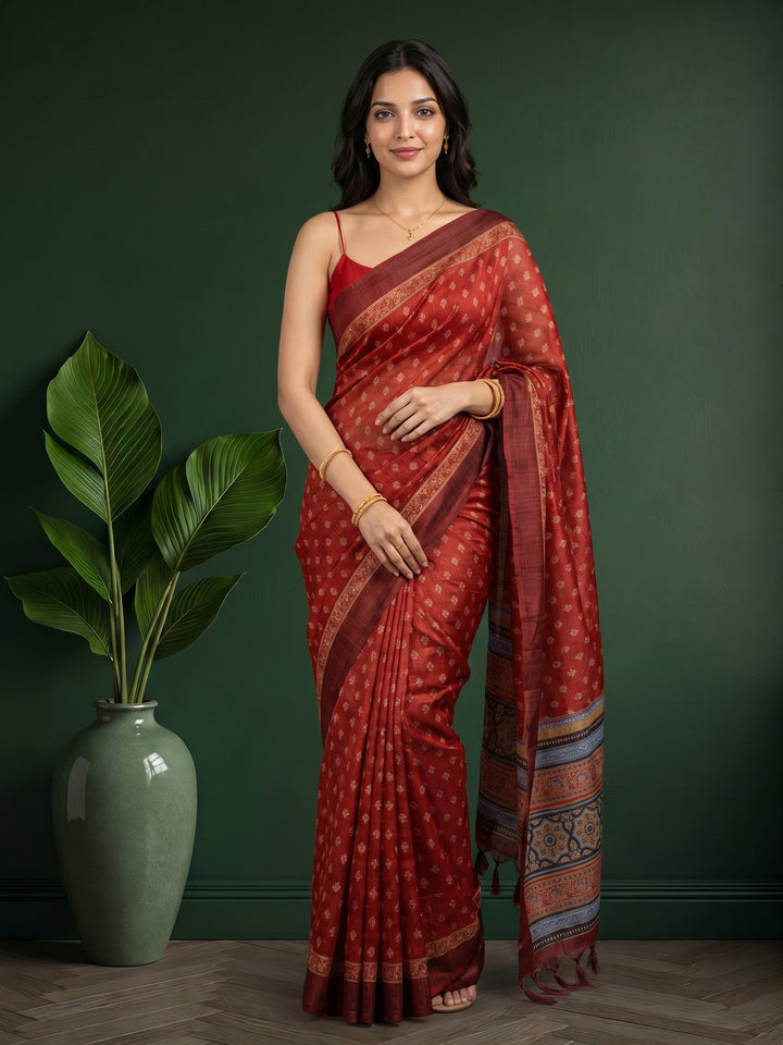 Maroon Digital Print Cotton Blend Saree