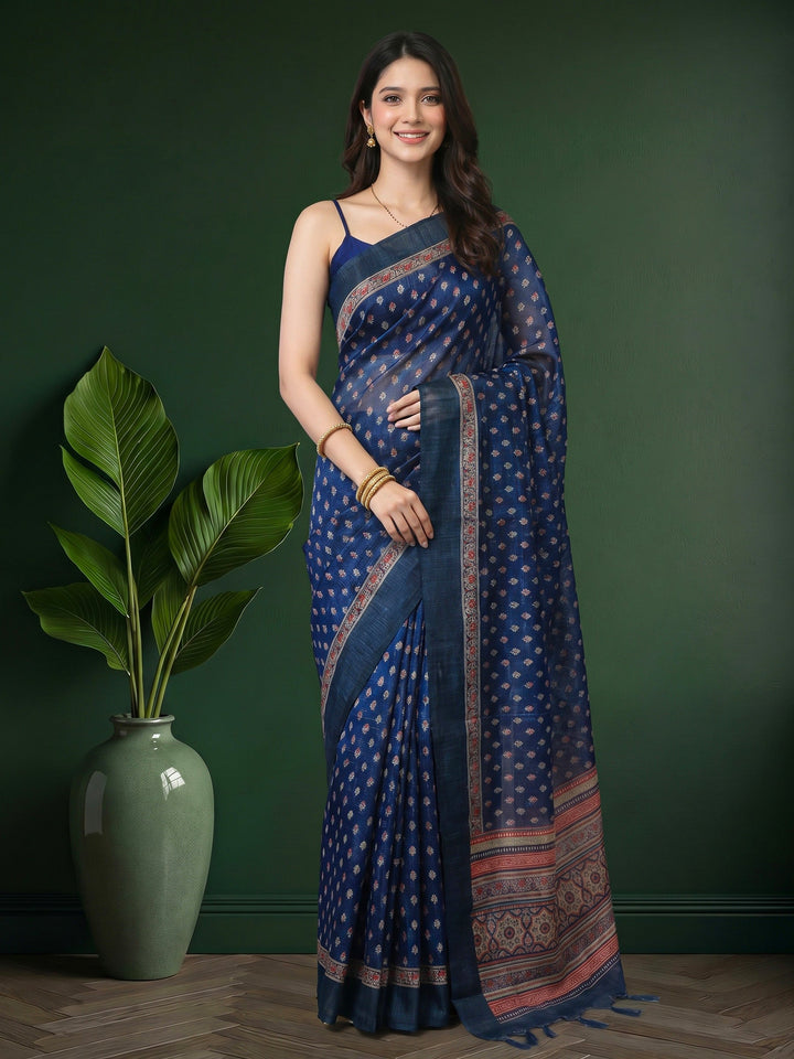 Navy Blue Digital Print Cotton Blend Saree