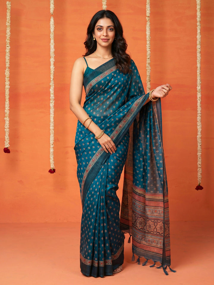 Teal Blue Digital Print Cotton Blend Saree