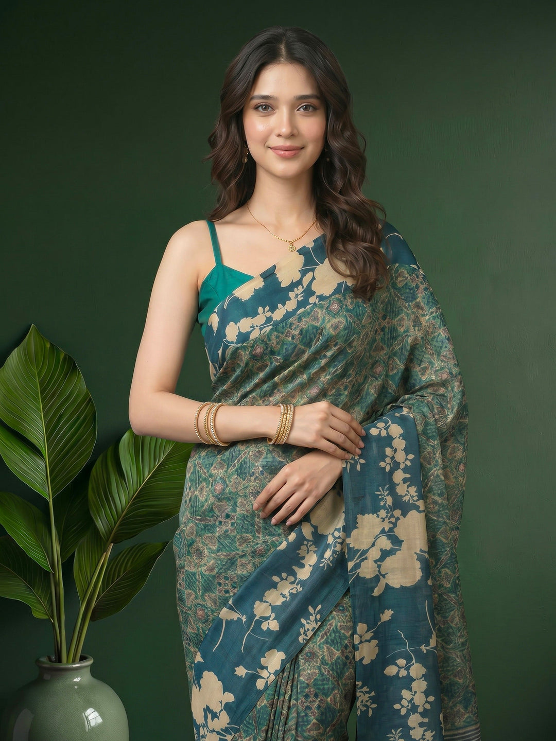 Blue Digital Print Cotton Blend Saree
