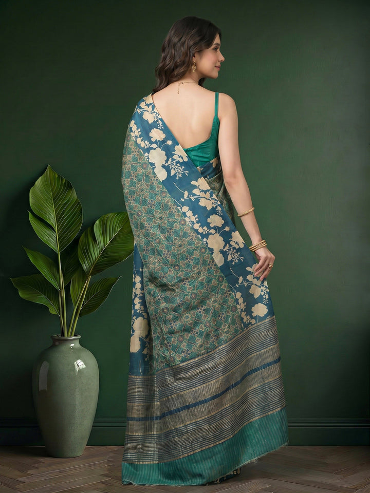 Blue Digital Print Cotton Blend Saree