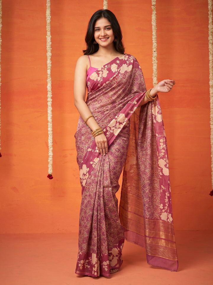 Magenta Digital Print Cotton Blend Saree