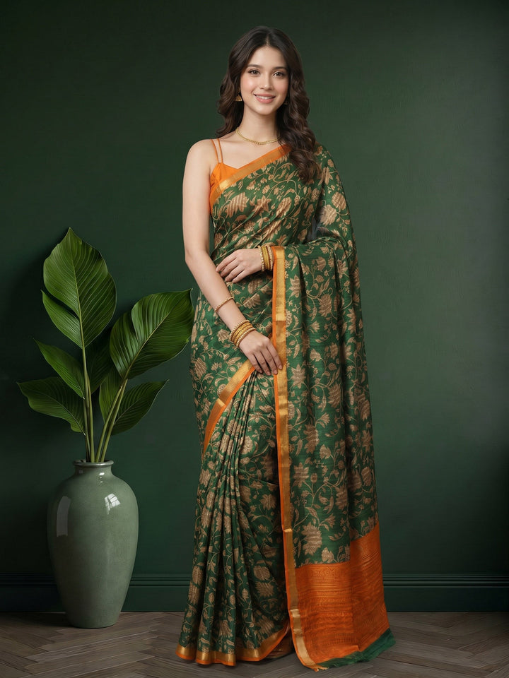 Green Digital Print Art Silk Saree