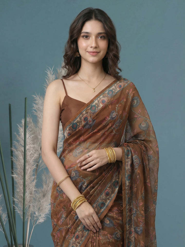 Brown Digital Print Cotton Blend Saree