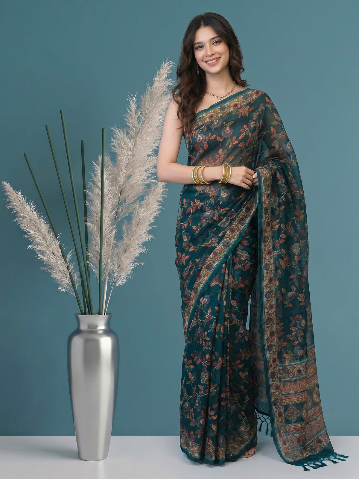 Rama Green Digital Print Cotton Blend Saree