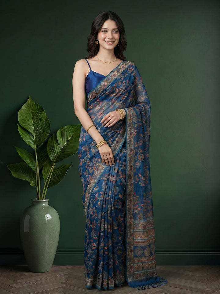 Teal Blue Digital Print Cotton Blend Saree