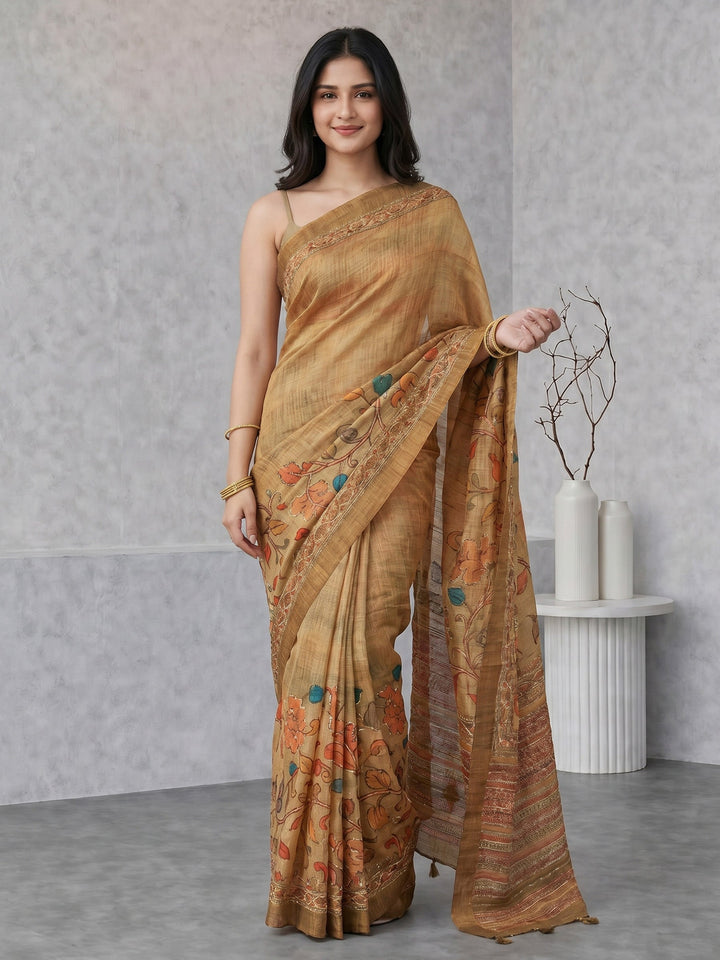 Beige Digital Print Cotton Blend Saree