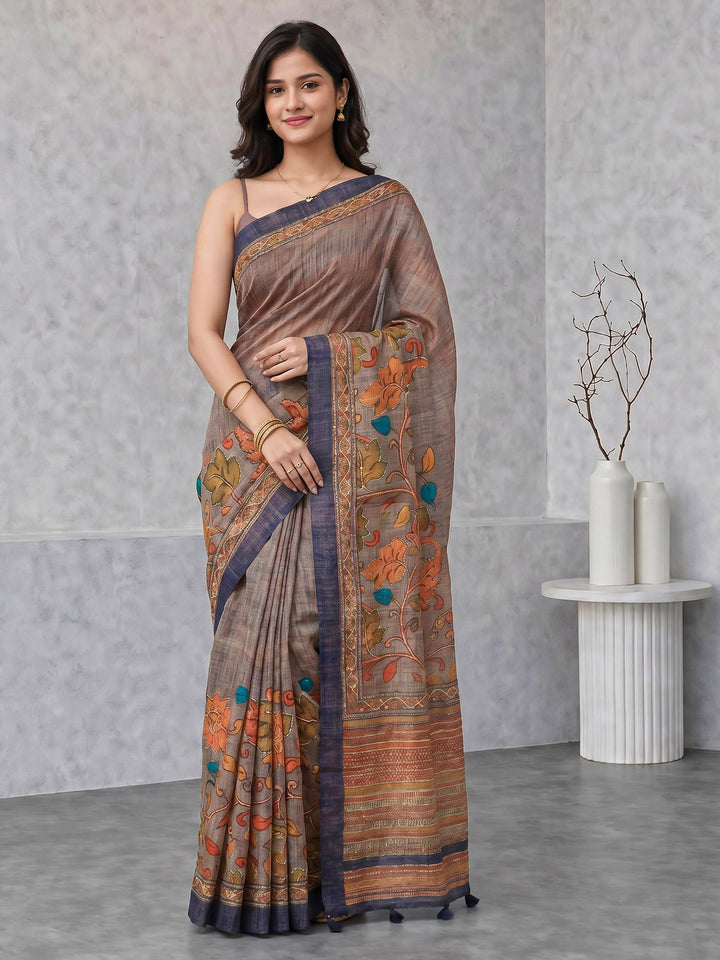 Grey Digital Print Cotton Blend Saree