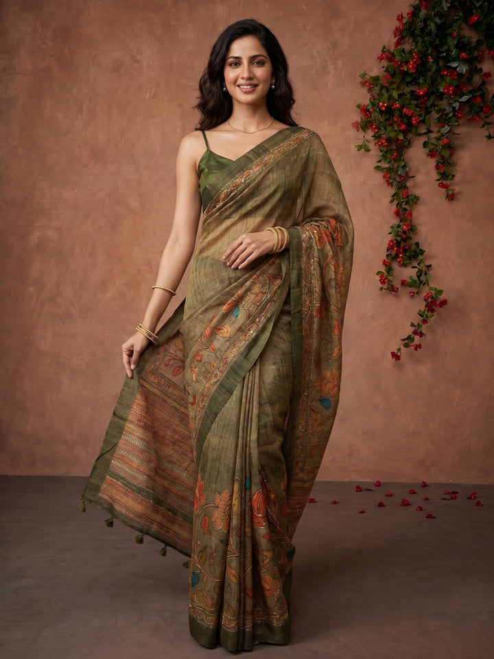 Mehndi Digital Print Cotton Blend Saree