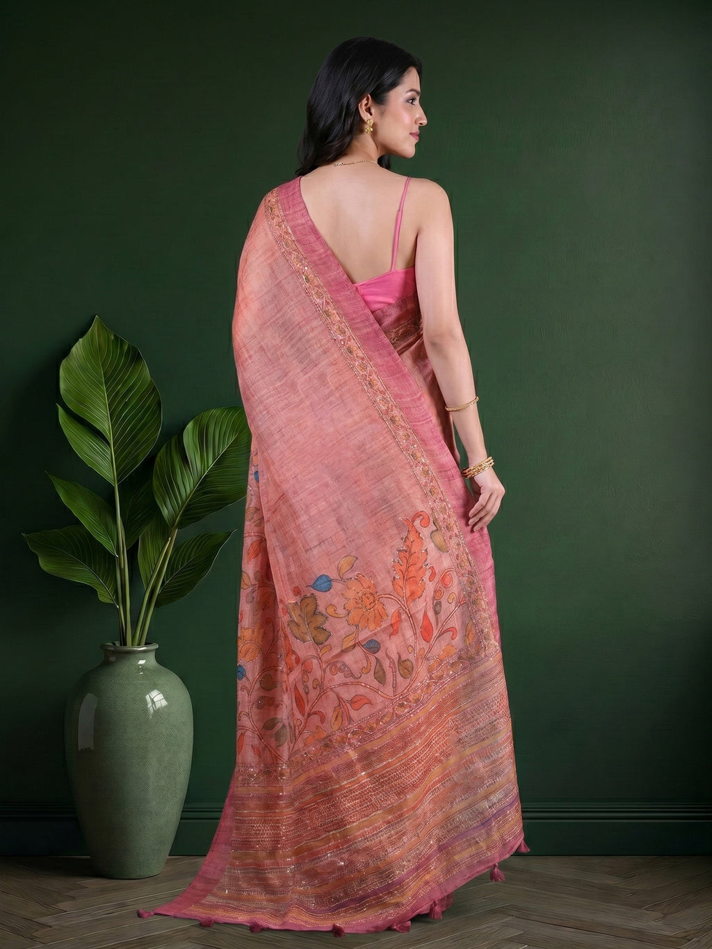 Pink Digital Print Cotton Blend Saree