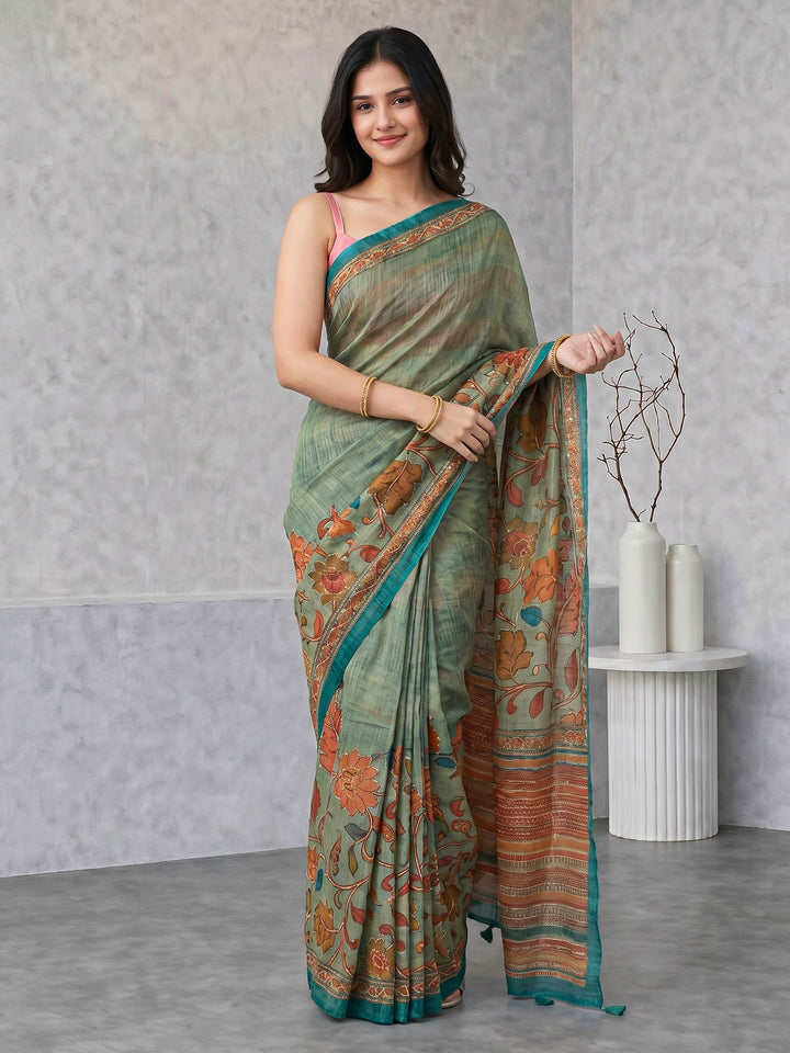 Sea Green Digital Print Cotton Blend Saree