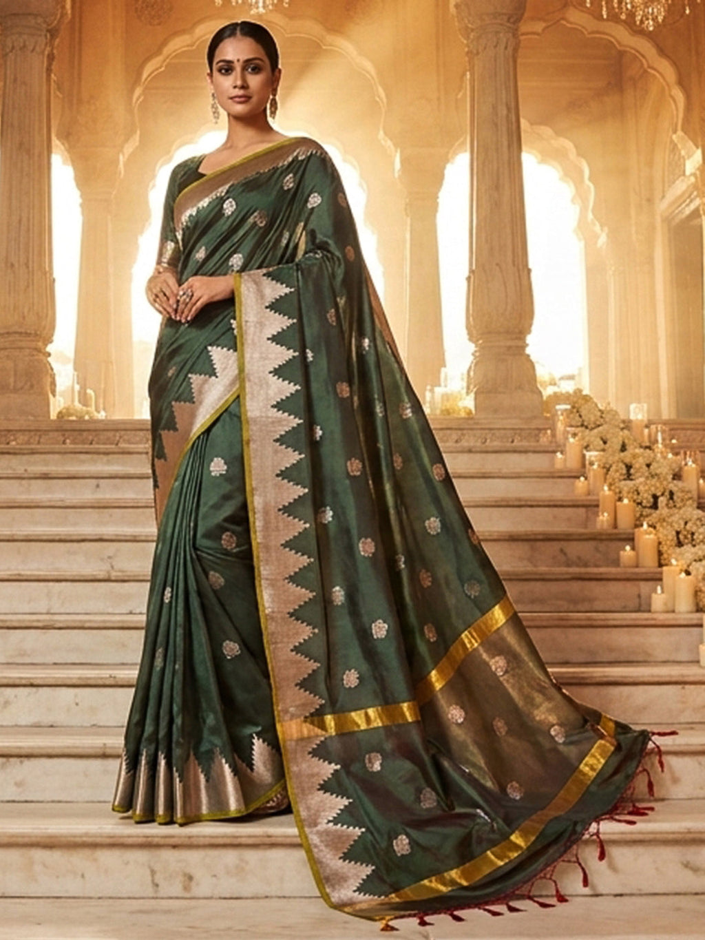 Bottle-Green Woven Design Art Katan Saree