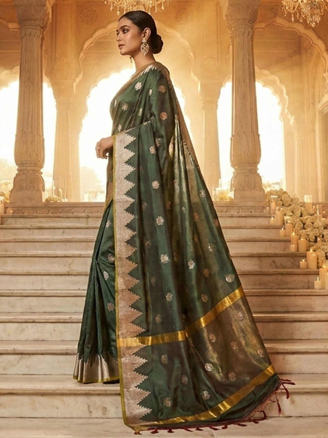 Bottle-Green Woven Design Art Katan Saree
