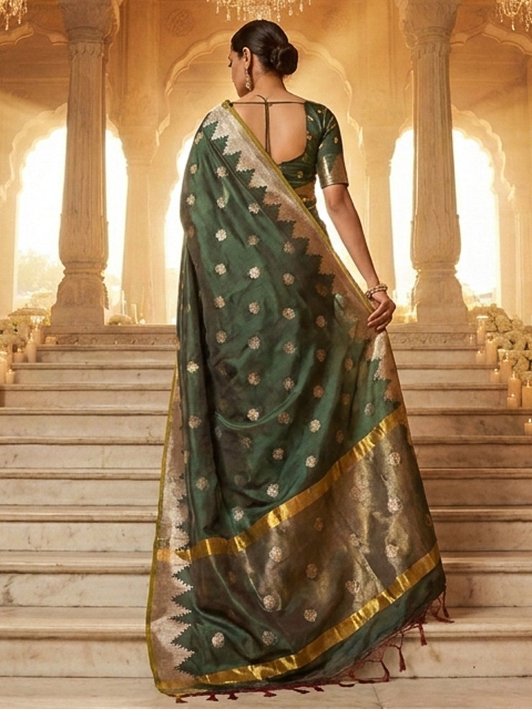 Bottle-Green Woven Design Art Katan Saree