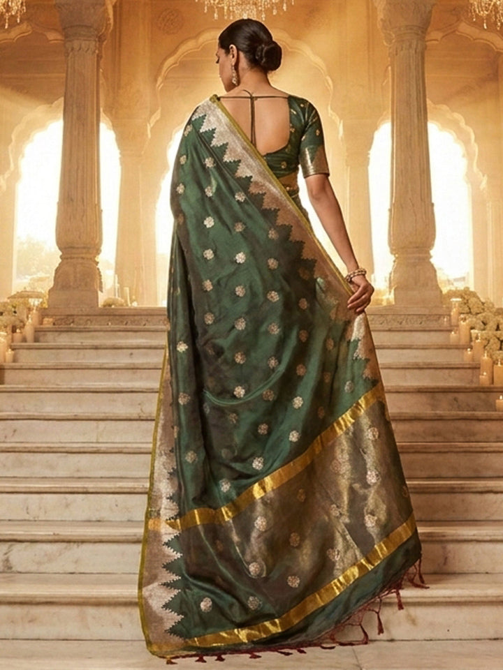 Bottle-Green Woven Design Art Katan Saree