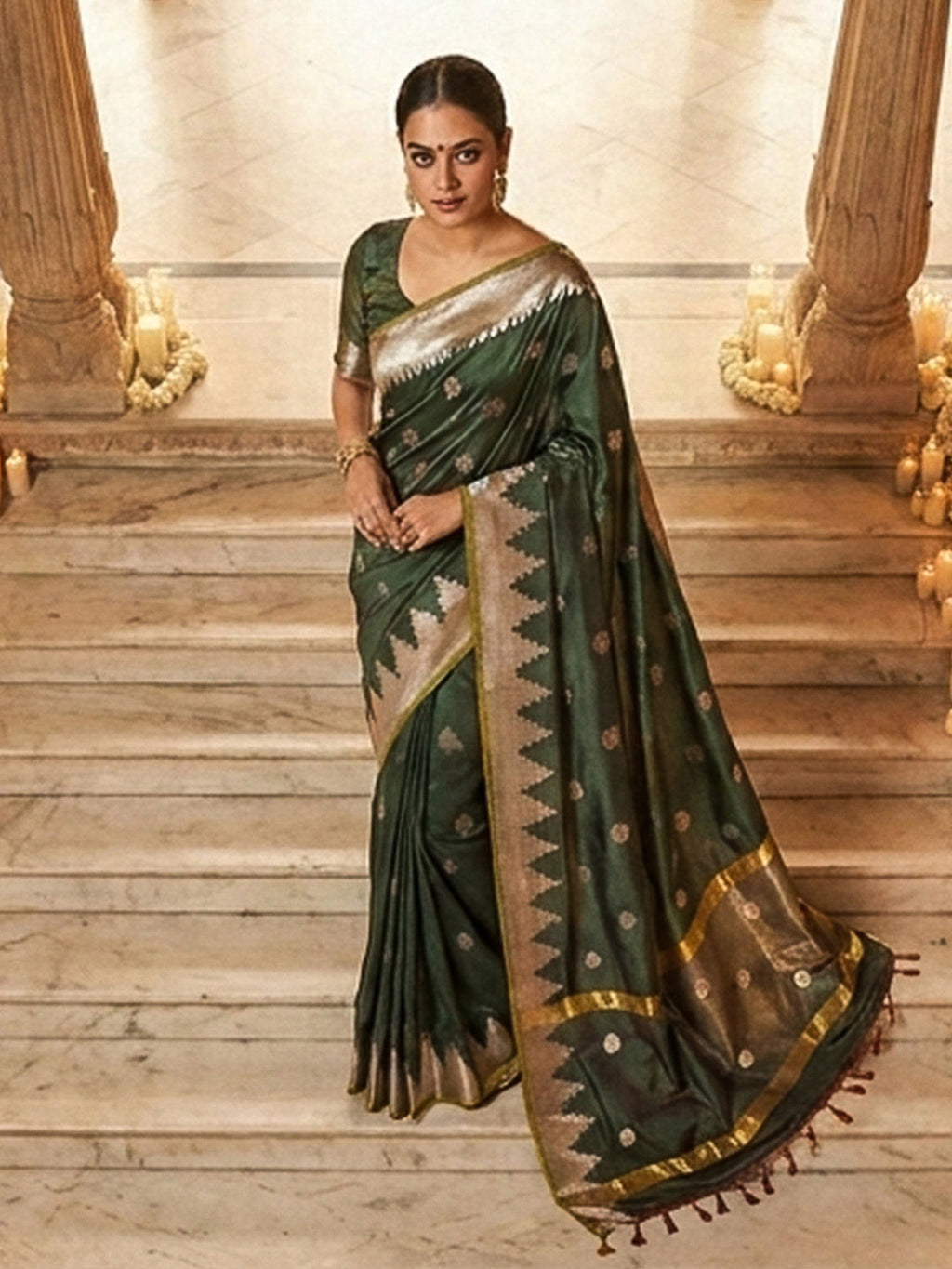 Bottle-Green Woven Design Art Katan Saree