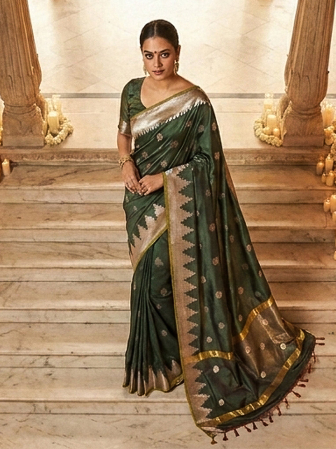 Bottle-Green Woven Design Art Katan Saree