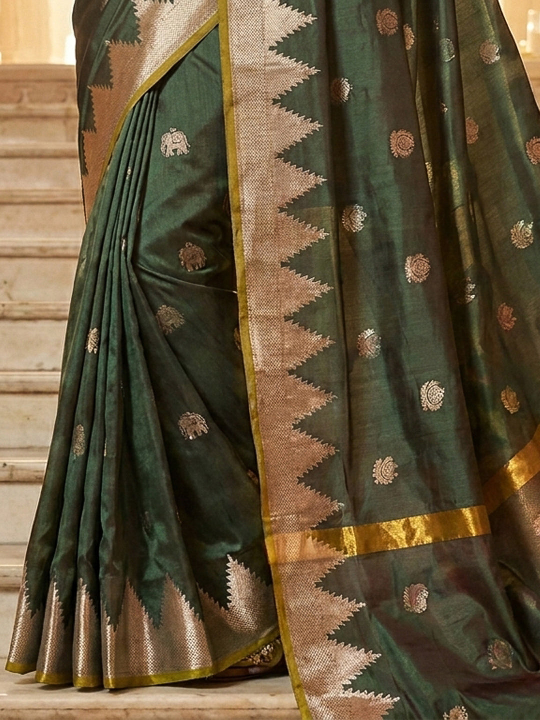 Bottle-Green Woven Design Art Katan Saree