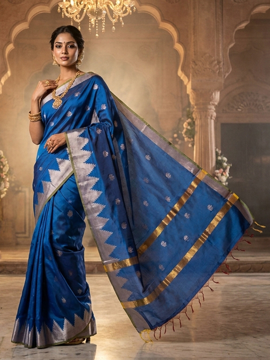 Royal-Blue Woven Design Art Katan Saree