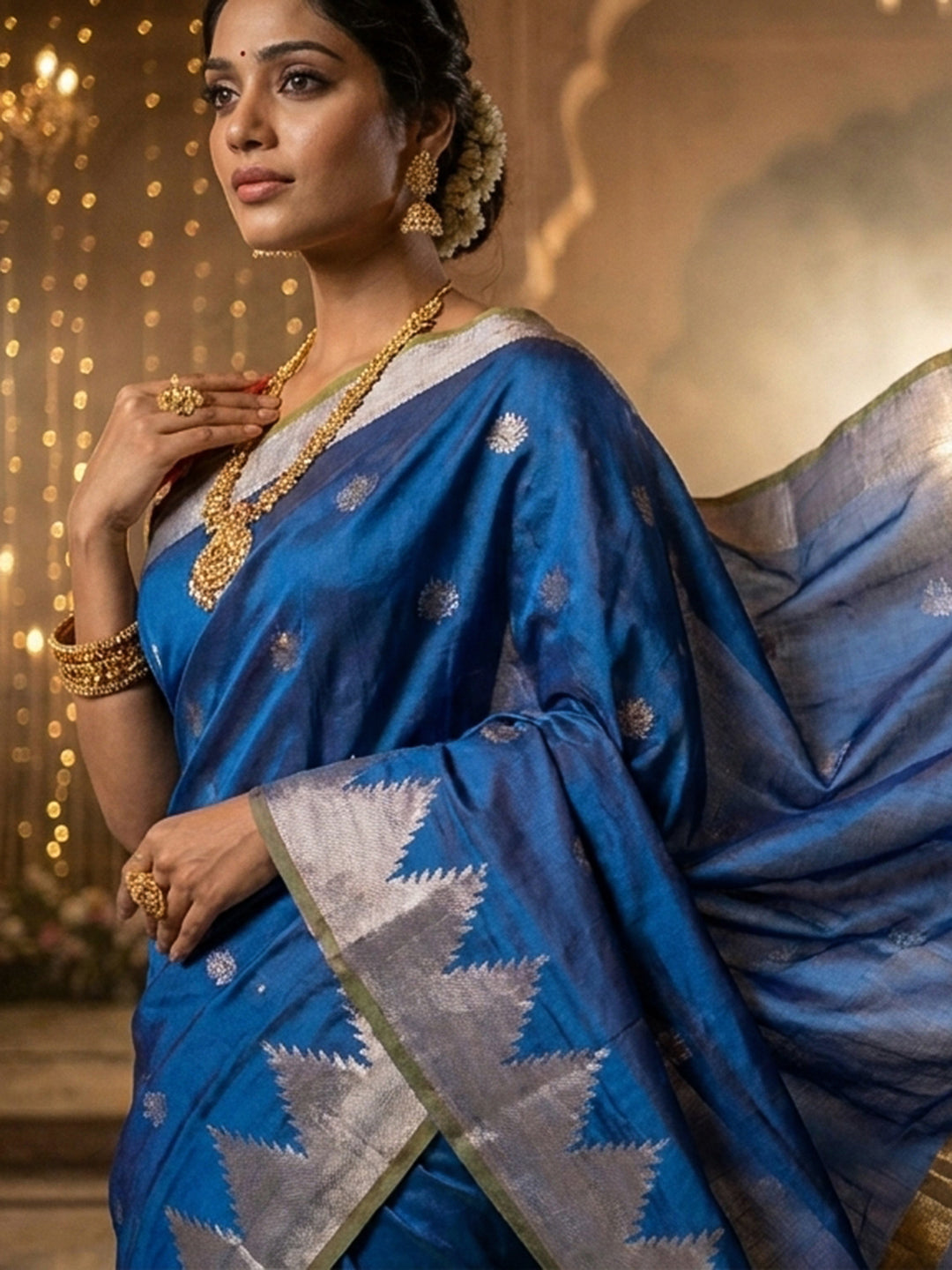 Royal-Blue Woven Design Art Katan Saree