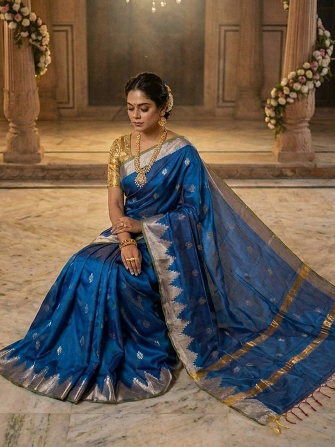 Royal-Blue Woven Design Art Katan Saree