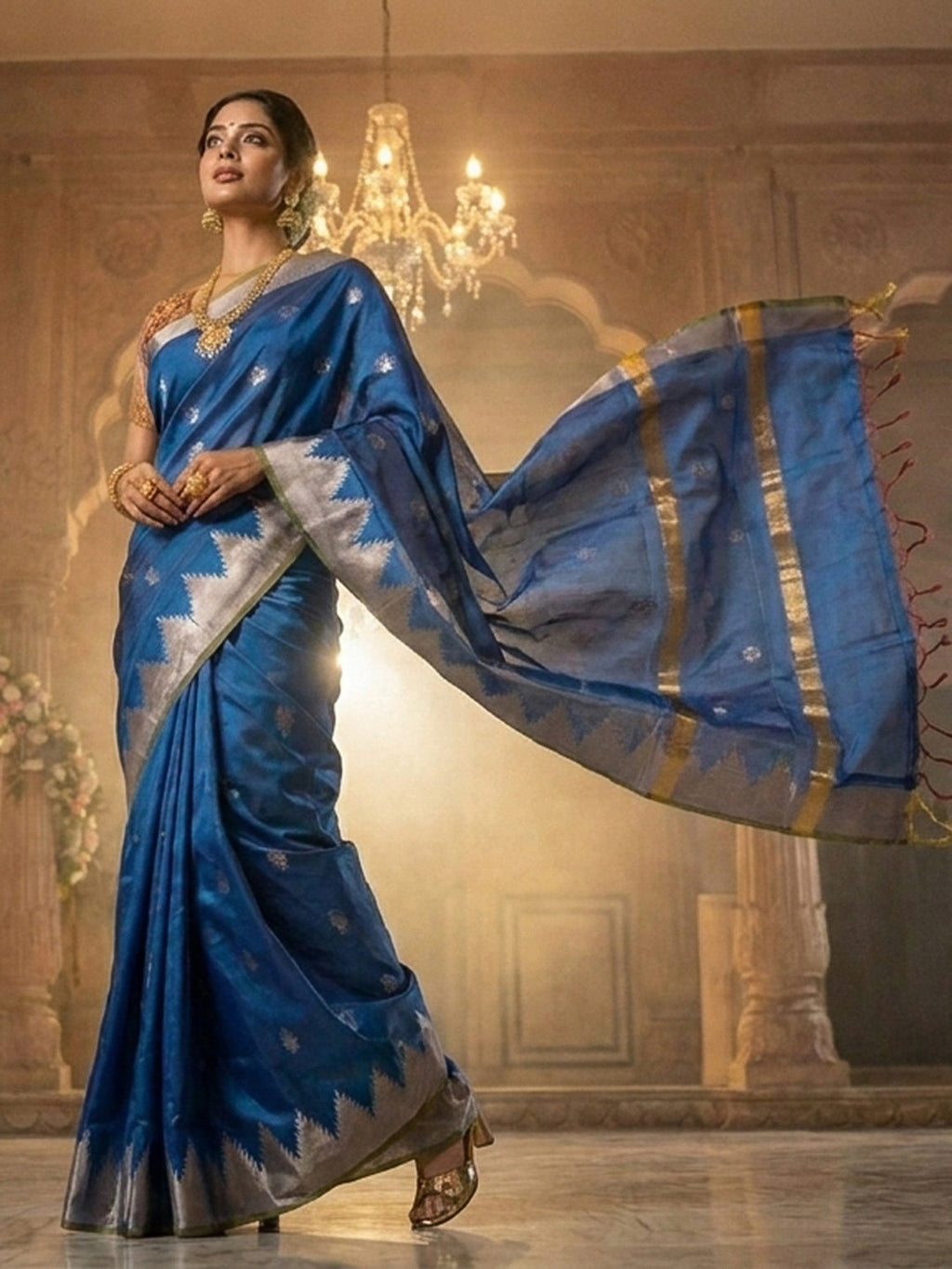Royal-Blue Woven Design Art Katan Saree
