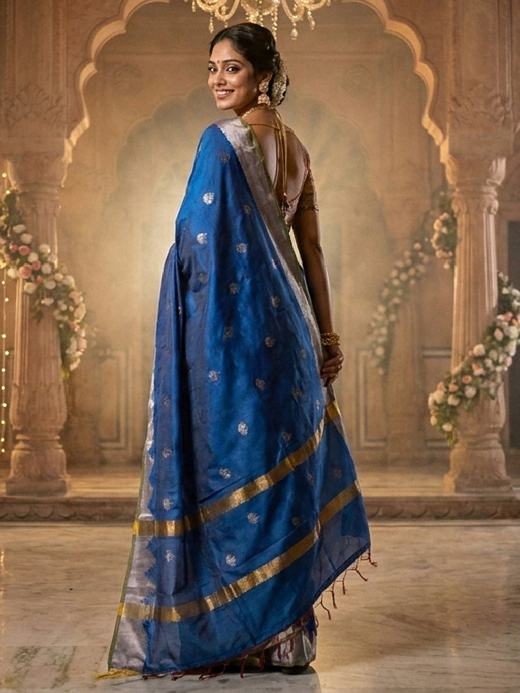 Royal-Blue Woven Design Art Katan Saree
