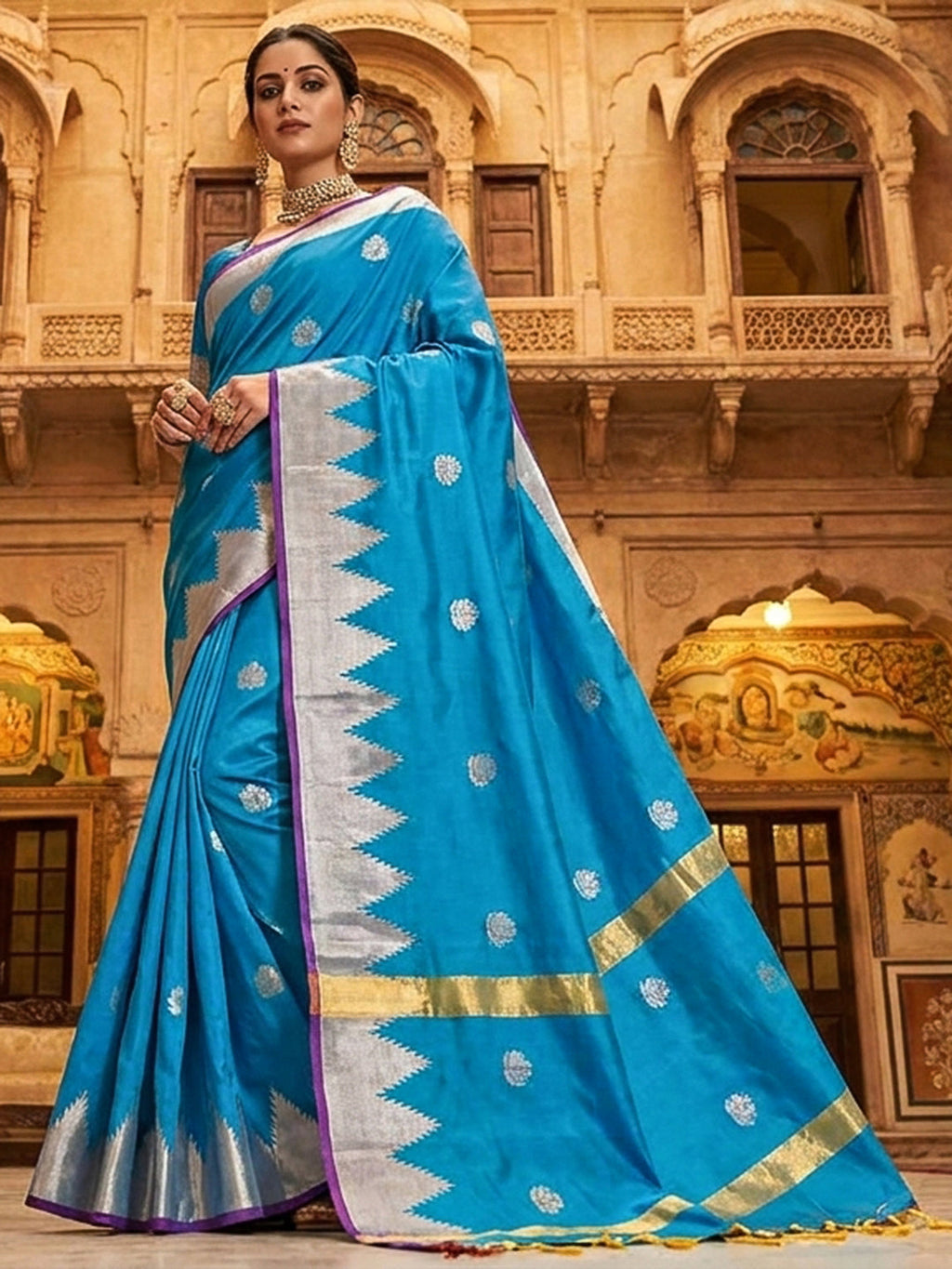 Sky-Blue Woven Design Art Katan Saree