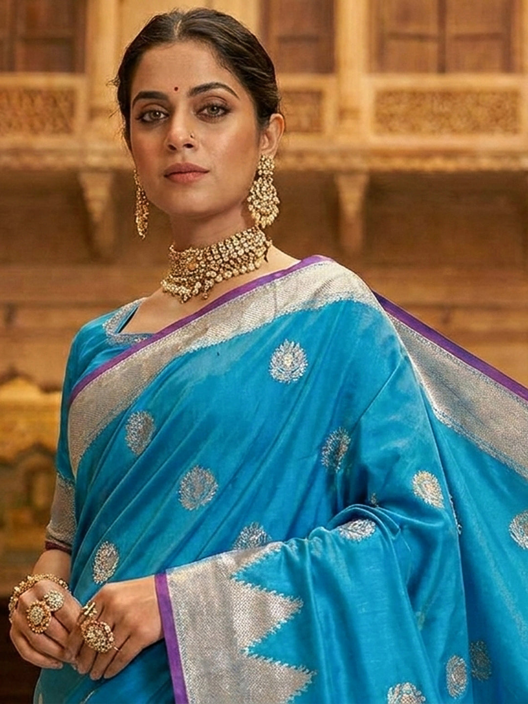 Sky-Blue Woven Design Art Katan Saree