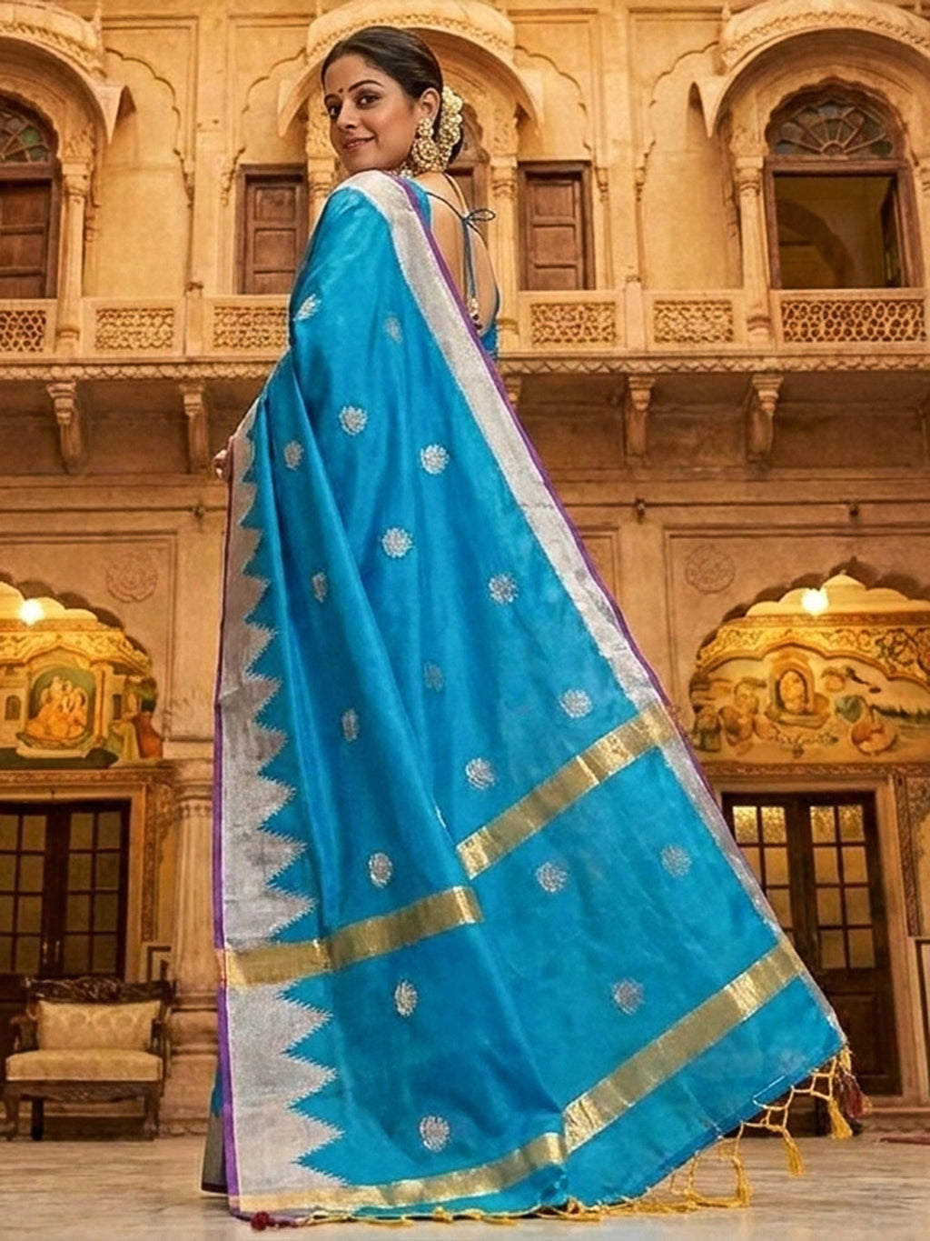 Sky-Blue Woven Design Art Katan Saree