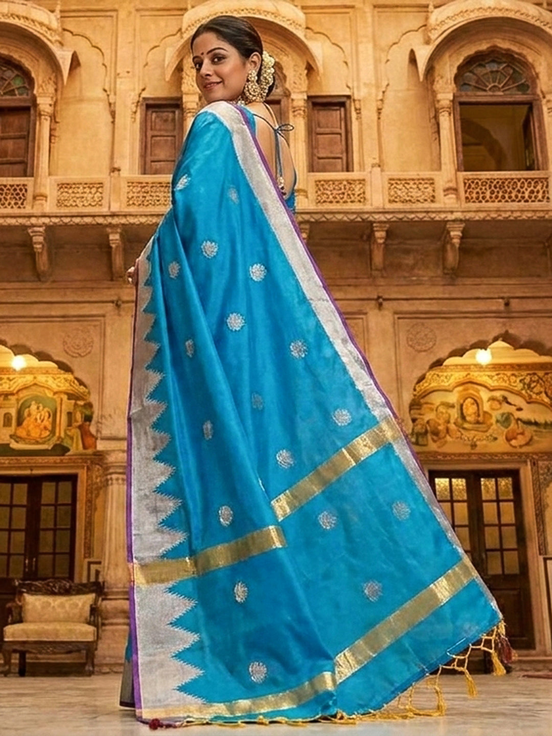 Sky-Blue Woven Design Art Katan Saree