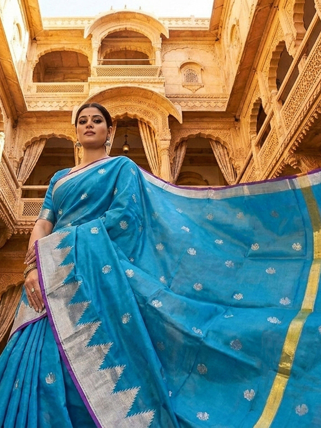 Sky-Blue Woven Design Art Katan Saree
