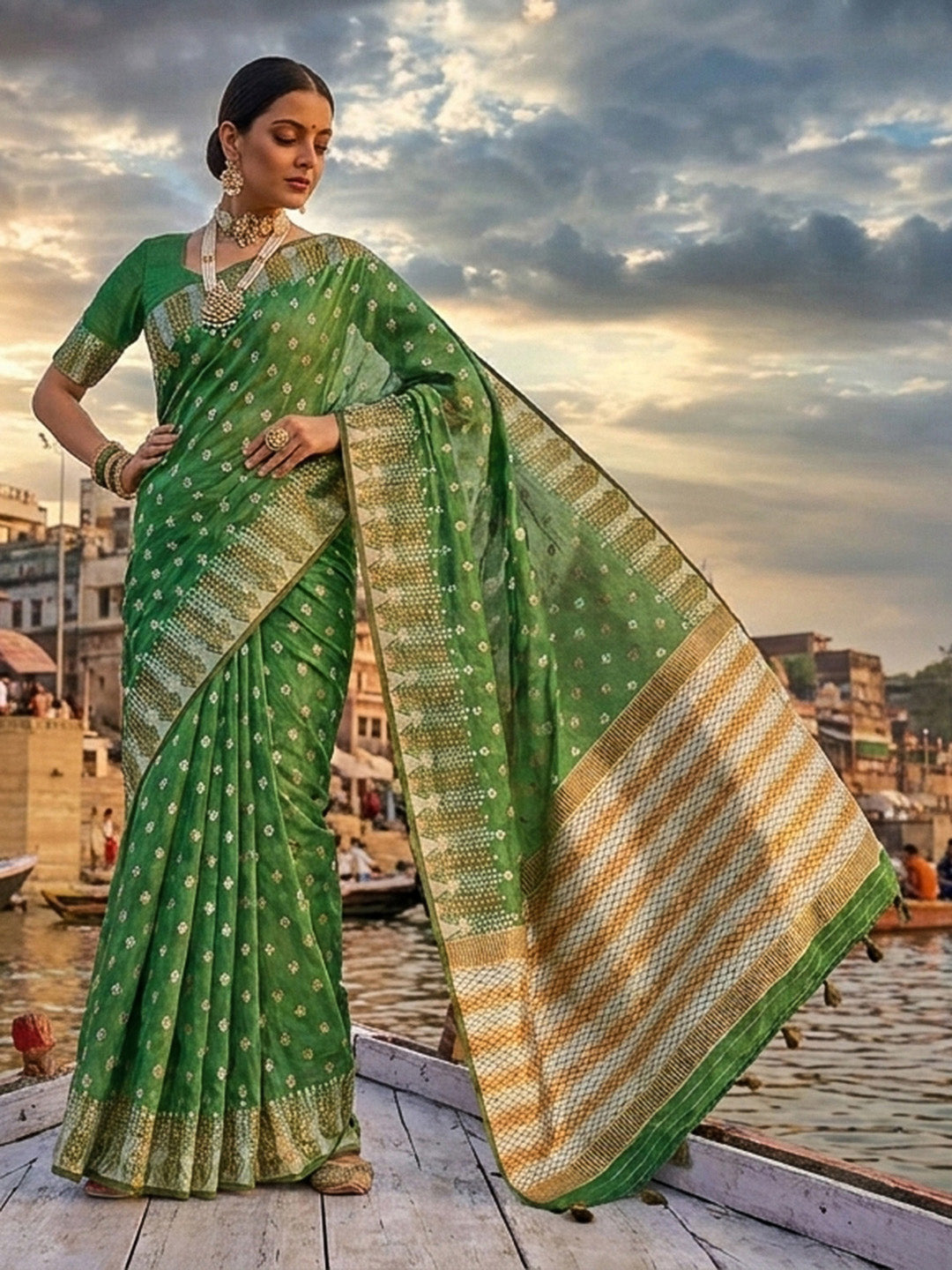 Mehndi-Green Woven Design Cotton Saree