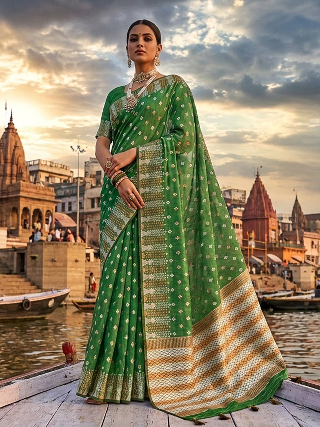 Mehndi-Green Woven Design Cotton Saree