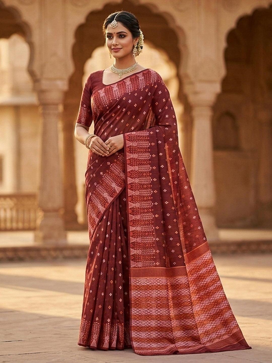 Rust Woven Design Cotton Saree