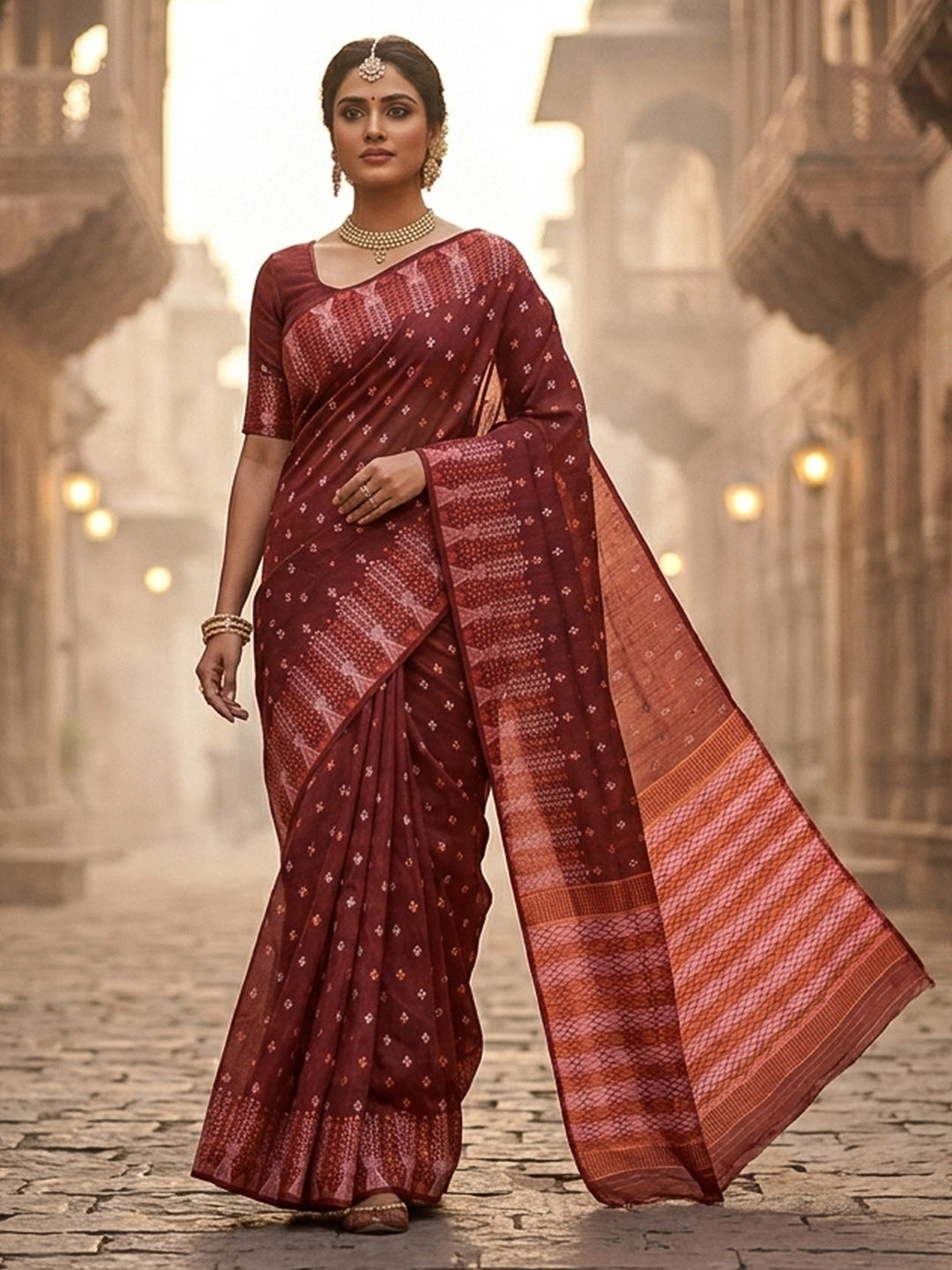 Rust Woven Design Cotton Saree
