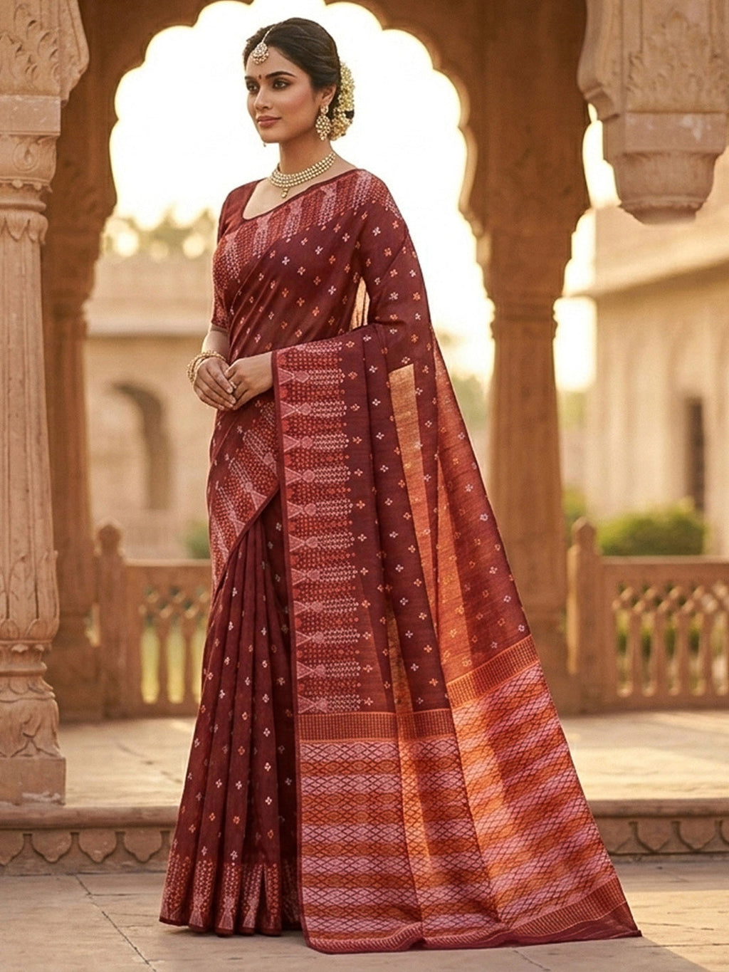 Rust Woven Design Cotton Saree