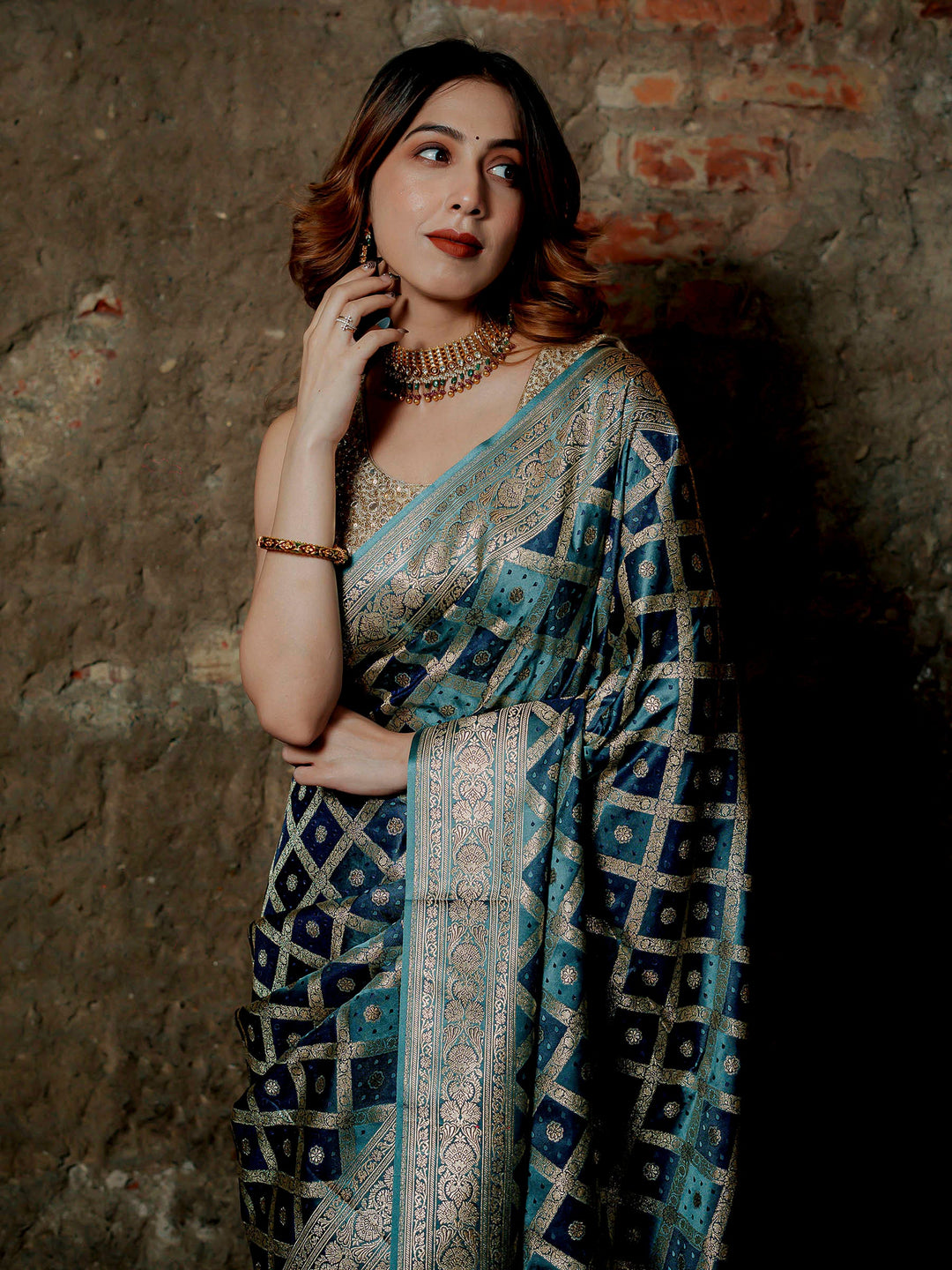 Sky-Blue-Grey Woven Design Satin Saree