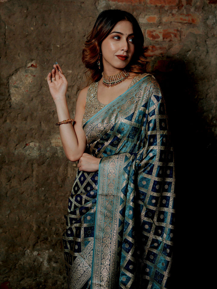 Sky-Blue-Grey Woven Design Satin Saree