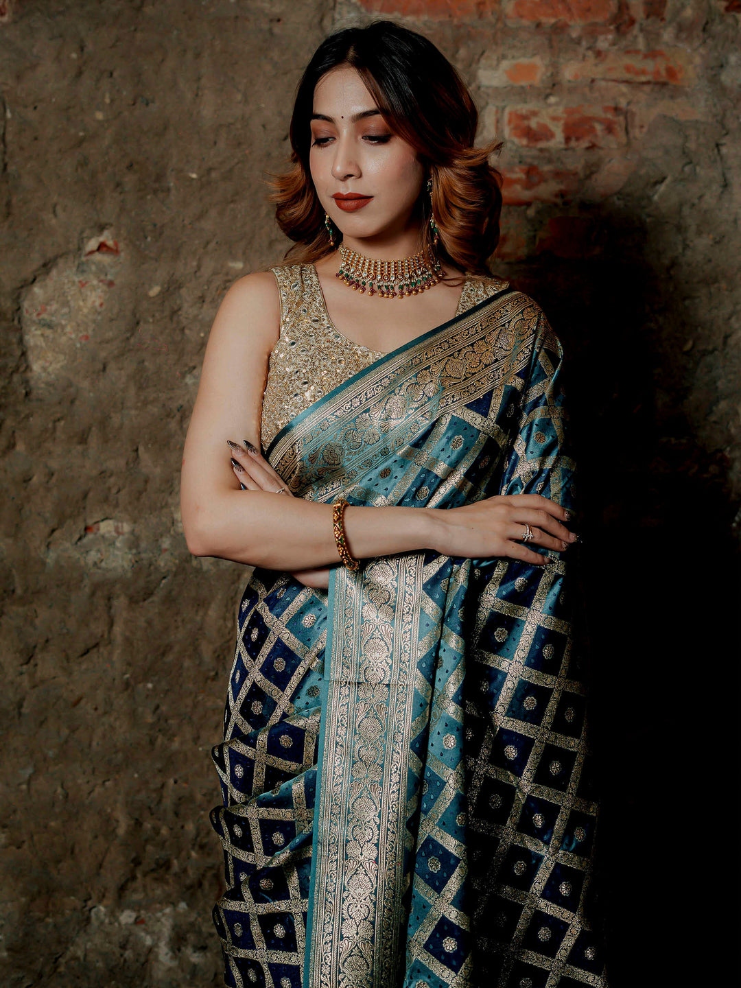 Sky-Blue-Grey Woven Design Satin Saree