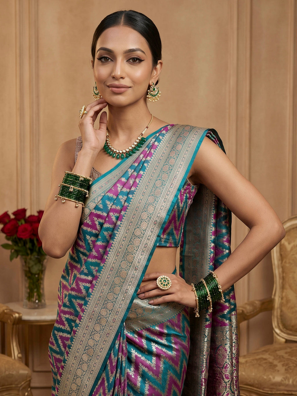 Rama Green Woven Design Satin Saree