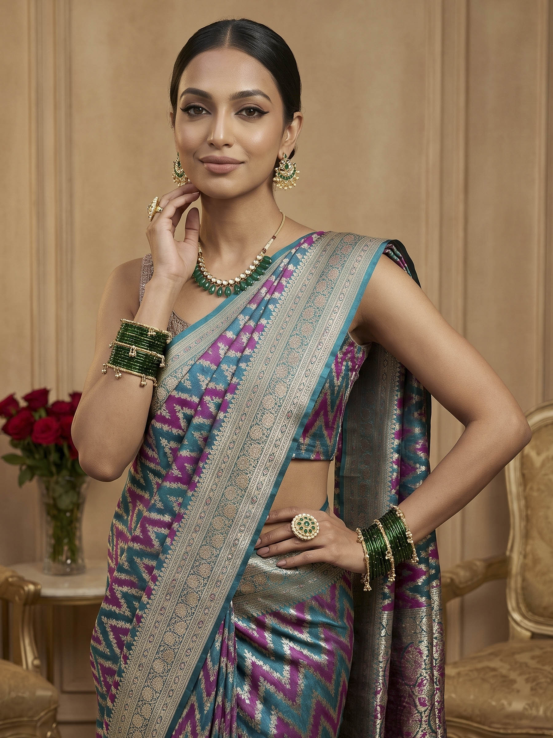 Rama Green Woven Design Satin Saree