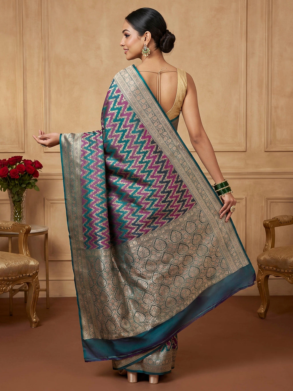 Rama Green Woven Design Satin Saree